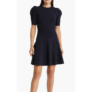 Ted Baker Velvey Puff Sleeve Dress Engineered Skirt Sz 4 US 10 Midnight Blue